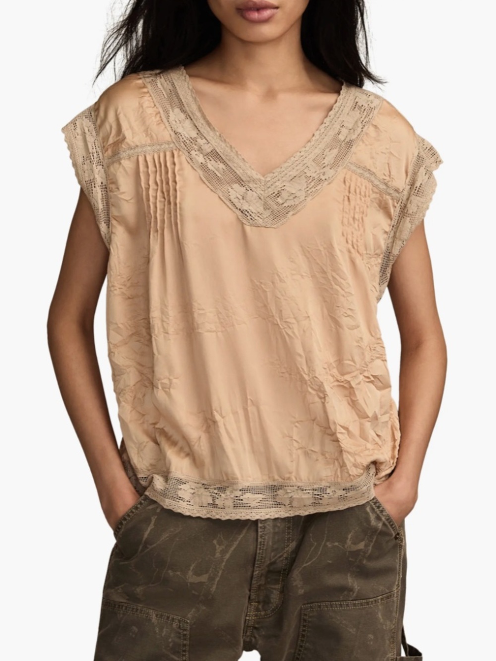 Lucky Brand Lace Cap Sleeve Shirt Size Small Cream Beige